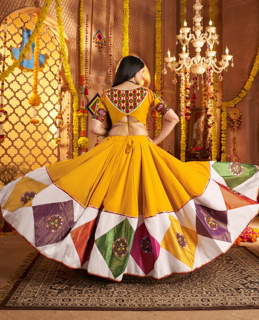 11042-yellow - Garba Elegance in Mustard Yellow Patchwork Splendor